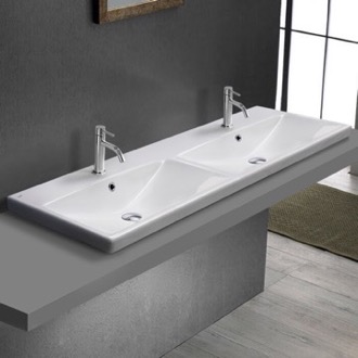 Bathroom Sink Double Drop In Sink, Modern, White Ceramic CeraStyle 032500-U/D